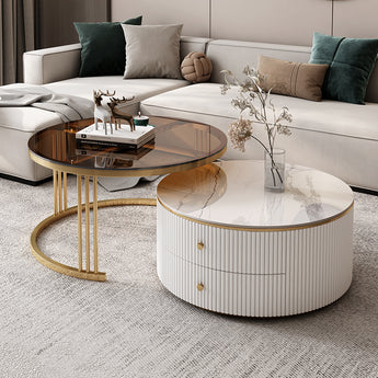 Lionsdale Luxury Living Sintered Stone Top Solid Wood Nesting Round Coffee Table Set