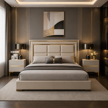 Dakota Modern Luxury Upholstered Leather Solid Wood Bed Frame