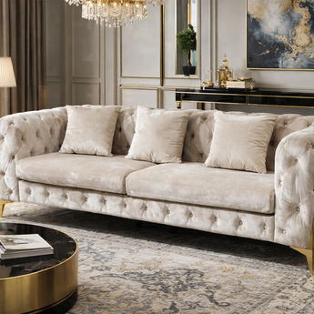 🟢 IN STOCK 3-Seater Luxury Chesterfield Tufted Sofa Set - Rich Creme Beige Velvet