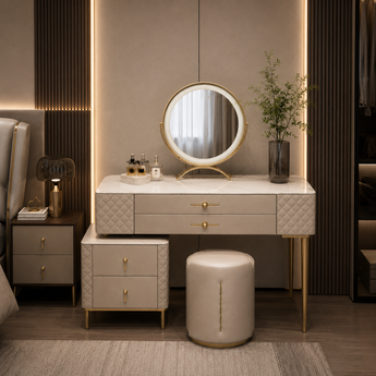 🟢 IN STOCK Modern Luxury Lafayette 4 Piece Marble Top Leather Upholstery Dresser Dressing Table Set