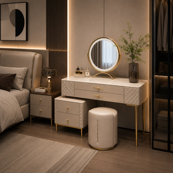🟢 IN STOCK Modern Luxury Lafayette 4 Piece Marble Top Leather Upholstery Dresser Dressing Table Set