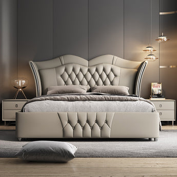 🟢 IN STOCK Dreamscape Solid Wood Upholstered Luxury Leather Silver Brushed Bedframe