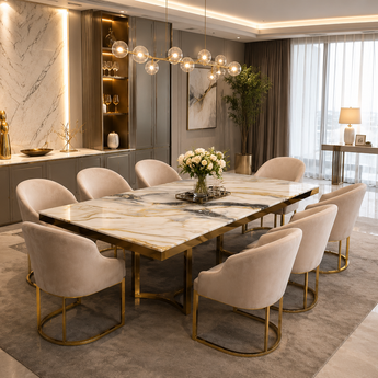 🟢 IN STOCK Modern 8 Seater Dining Set Italian Luxury LIONESS 2M Gold Marble Table and 8 Velvet Upholstery Chair Dining Set