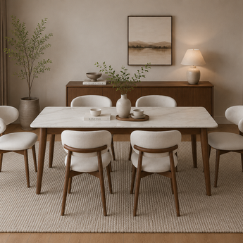 🟢 IN STOCK 6 Seater Dining Set Modern Luxury 1.5M FOLTO Extendable Table White Granite Top and 6 ANYA Linen Chair Cocoa Walnut Solid Wood