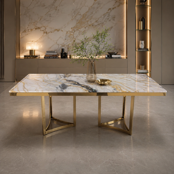Lioness Modern Italian Luxury Gold River Marble Top Gold Frame Dining Table