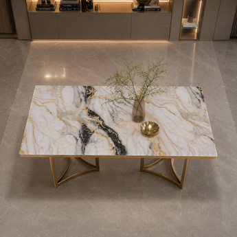 Lioness Modern Italian Luxury Gold River Marble Top Gold Frame Dining Table