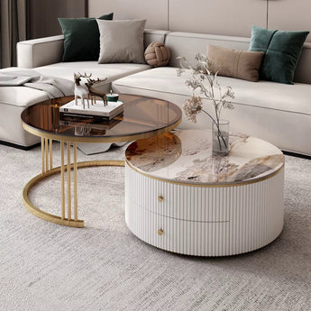 Lionsdale Luxury Living Sintered Stone Top Solid Wood Nesting Round Coffee Table Set