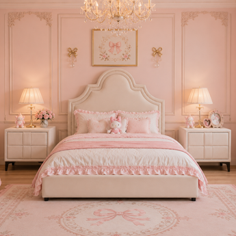 🟢IN STOCK 3 Piece Princess Lolita Kids Bedroom Set QUEEN Gas Lifting Modern Luxury Milk Off White Velvet Upholstery & 2 Side Table