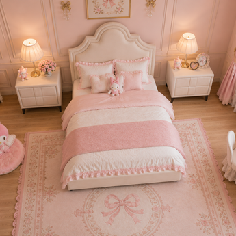 🟢IN STOCK 3 Piece Princess Lolita Kids Bedroom Set QUEEN Gas Lifting Modern Luxury Milk Off White Velvet Upholstery & 2 Side Table