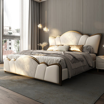 🟢 IN STOCK Modern Italian Luxury Luxora Upholstered French Vanilla Leather King Size Gas Lifting Bedframe