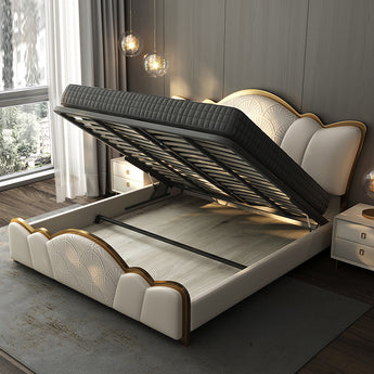 🟢 IN STOCK Modern Italian Luxury Luxora Upholstered French Vanilla Leather King Size Gas Lifting Bedframe