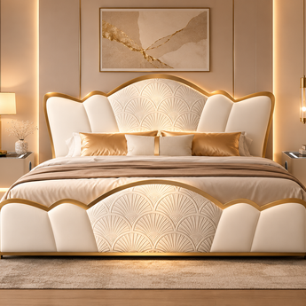 🟢 IN STOCK 3 Piece Bedroom Set Modern Italian Luxury Luxora Upholstered Vanilla Leather KING Gas Lifting with 2 Nightstand