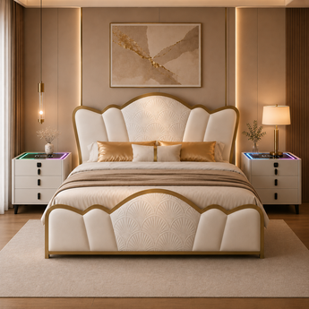 🟢 IN STOCK 3 Piece Bedroom Set Modern Italian Luxury Luxora Upholstered Vanilla Leather KING Gas Lifting with 2 Nightstand
