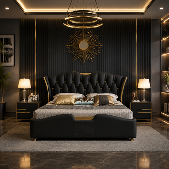 🟢 IN STOCK Signature Luxury 4 Piece Majestic Black Leather Upholstery Gas Lifting Bedroom Suite Set