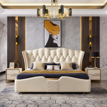 🟢 IN STOCK Majestic Modern Italian Luxury Leather Upholstery Gas Lifting Bed Frame - White French Vanilla