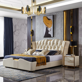 🟢 IN STOCK Majestic Modern Italian Luxury Leather Upholstery Gas Lifting Bed Frame - White French Vanilla