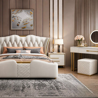 Modern Italian Luxury 4 Piece Majestic Vanilla Leather Upholstery Gas Lifting Bedroom Suite Set