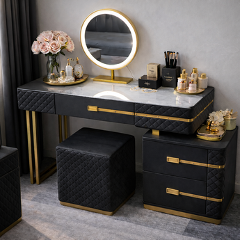 🟢 IN STOCK La Parisienne 4 Piece Marble Top Majestic Black Leather Upholstery Vanity Dressing Table Set