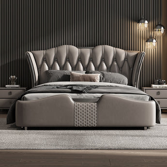 Signature Majestic Luxury Upholstered Leather Solid Wood Silver Brushed Bed Frame