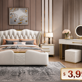 Modern Italian Luxury 4 Piece Majestic Vanilla Leather Upholstery Gas Lifting Bedroom Suite Set