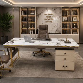 🟢 IN STOCK Luxury Manhattan Marble Office Desk with Drawers - Beige