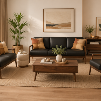 🟢 IN STOCK MENDO SOFA SET Malaysian Solid Oak Wood 6-Seater Black Leather Upholstery