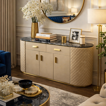 1.4M Luxury Greece Leather Cabinet Solid Wood Marble Top Sideboard