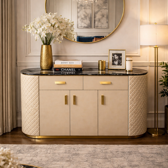 1.4M Luxury Greece Leather Cabinet Solid Wood Marble Top Sideboard