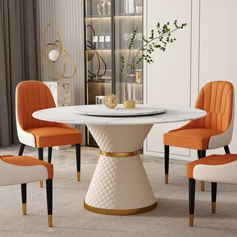 Signature Milan Luxury Marble Top Leather Upholstery Round Hourglass Dining Table