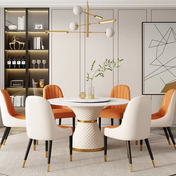 Signature Milan Luxury Marble Top Leather Upholstery Round Hourglass Dining Table