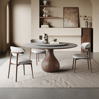 MILA Solid Wood Grey Matte Sintered Top Round Dining Table with Lazy Susan