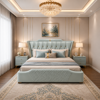 🟢 IN STOCK Modern Italian Luxury Sweet Night Green Mint Gas Lifting 3 Piece Leather Upholstery Bedroom Suite Set