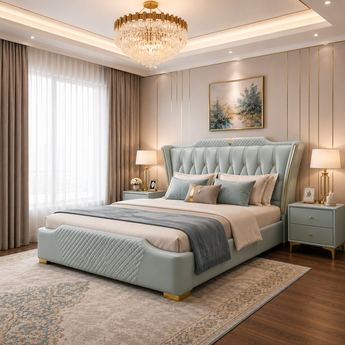 🟢 IN STOCK Modern Italian Luxury Sweet Night Green Mint Gas Lifting 3 Piece Leather Upholstery Bedroom Suite Set