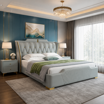 🟢 IN STOCK Modern Italian Luxury Sweet Night Green Mint Leather Upholstery Queen Size Gas Lifting Solid Wood Bedframe