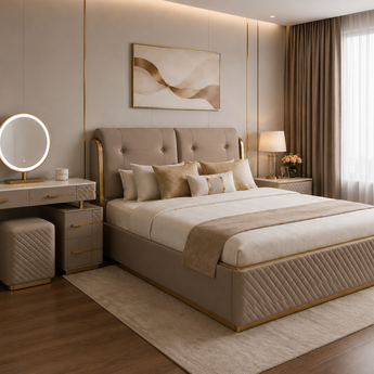 🟢 IN STOCK Modern Italian Luxury Monarch 3 Piece King Genuine Leather Bedroom Set with La Paris Dressing Table and 2 Side Tables