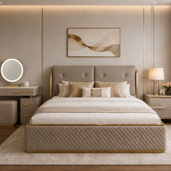 🟢 IN STOCK Modern Italian Luxury Monarch 3 Piece Super King Genuine Leather Bedroom Set with La Paris Dressing Table and 2 Side Tables
