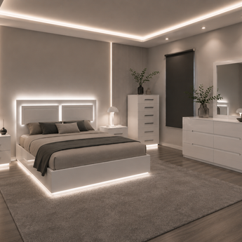 🟢 IN STOCK Modern Luxury High Gloss Moonstone LED 5 Piece Bedroom Set with Storage