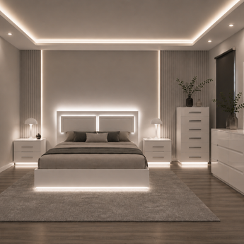 🟢 IN STOCK Modern Luxury High Gloss Moonstone LED 5 Piece Bedroom Set with Storage
