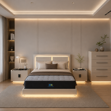 A modern bedroom featuring a low-profile platform bed with a tufted mattress, illuminated by warm LED under-bed lighting. The bed has a minimalist white headboard with integrated lighting, flanked by matching bedside tables, a white dresser, and a textured beige rug on a light wood floor.