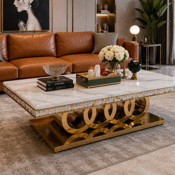 Mother of Pearl Luxury Snow Mountain Marble Top Ceramic Frame Coffee Table