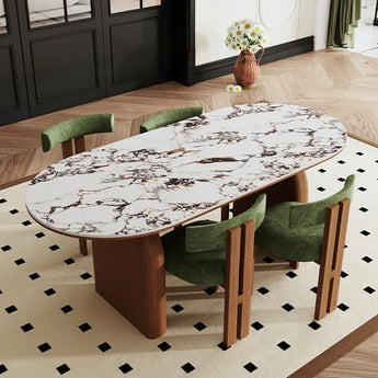 NARA Marble Stone Top Solid Walnut Wood Dining Table