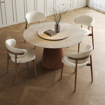NIKO Solid Wood Travertine Sintered Top Round Dining Table with Lazy Susan