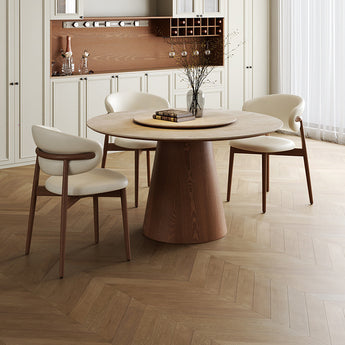 NIKO Solid Wood Travertine Sintered Top Round Dining Table with Lazy Susan
