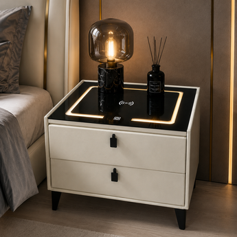 🟢 IN STOCK Silk White 2 Drawers Smart Side Table Nightstand with Wireless Charger and USB Tempered Glass Top