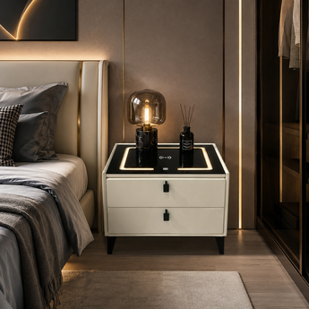 🟢 IN STOCK Silk White 2 Drawers Smart Side Table Nightstand with Wireless Charger and USB Tempered Glass Top