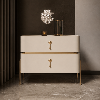 🟢 IN STOCK Luxury Marble Top Light Beige Leather Nightstand