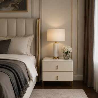 🟢 IN STOCK Luxury Marble Top Light Beige Leather Nightstand