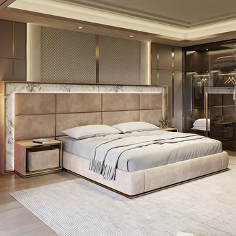 Odysseus KING Bedroom SET Modern Italian Luxury Big Marble Headboard Velvet Upholstery with Bedside Tables