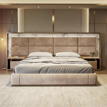 Odysseus KING Bedroom SET Modern Italian Luxury Big Marble Headboard Velvet Upholstery with Bedside Tables