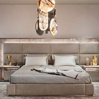 Odysseus KING Bedroom SET Modern Italian Luxury Big Marble Headboard Leather Upholstery with Bedside Tables